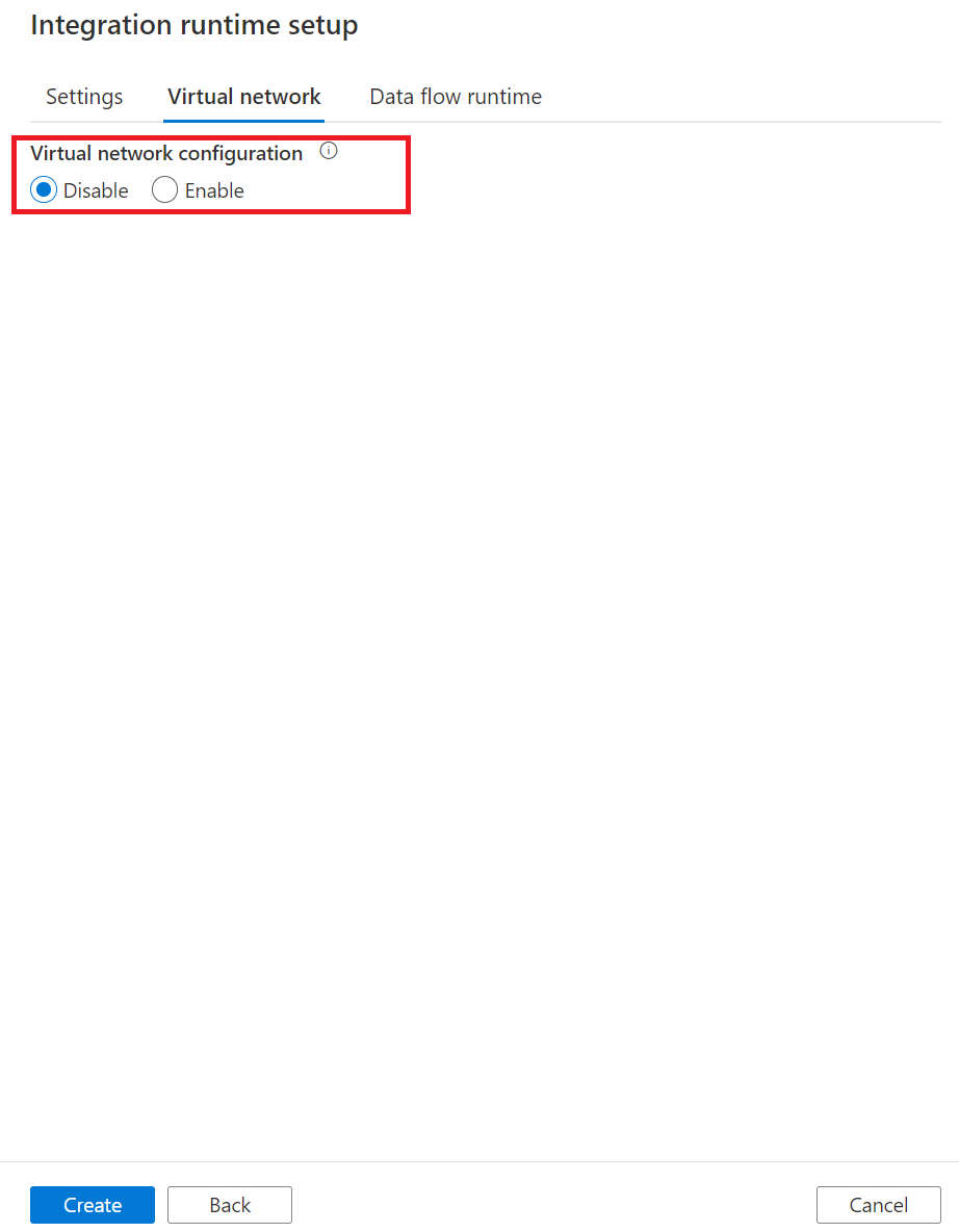 在建立或編輯 Azure 整合運行時間期間啟用受控虛擬網路的螢幕快照。